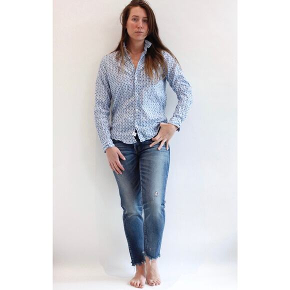 Frank & Eileen Barry Linen Button Down Blue Stars Stripes Small Shirt - Picture 1 of 8